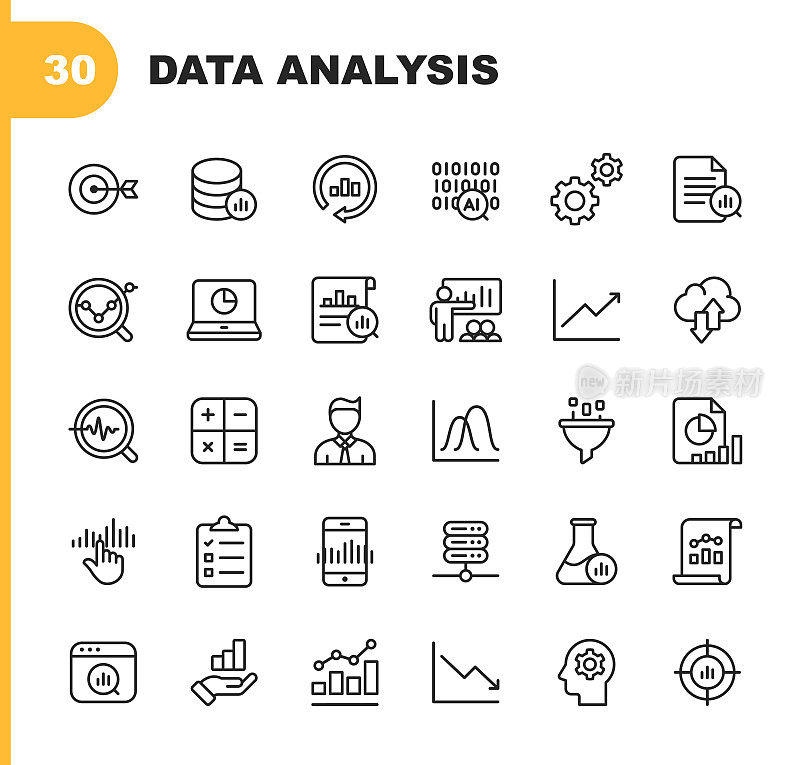 Data Analysis Line Icons. Editable Stroke. Pixel Perfect. For Mobile and Web. Contains such icons as Artificial Intelligence, Big Data, Cloud Computing, Chart, Business Analyst.